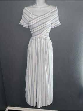 Japna Blue & White Striped Off the Shoulder Sundress Maxi Dress Womens Medium